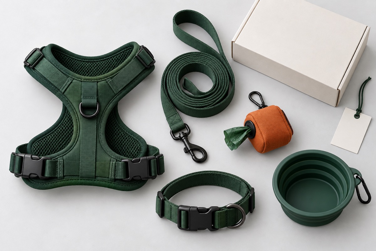 Concept of a coordinated green harness, lead, collar, travel bowl and branded-packaging options